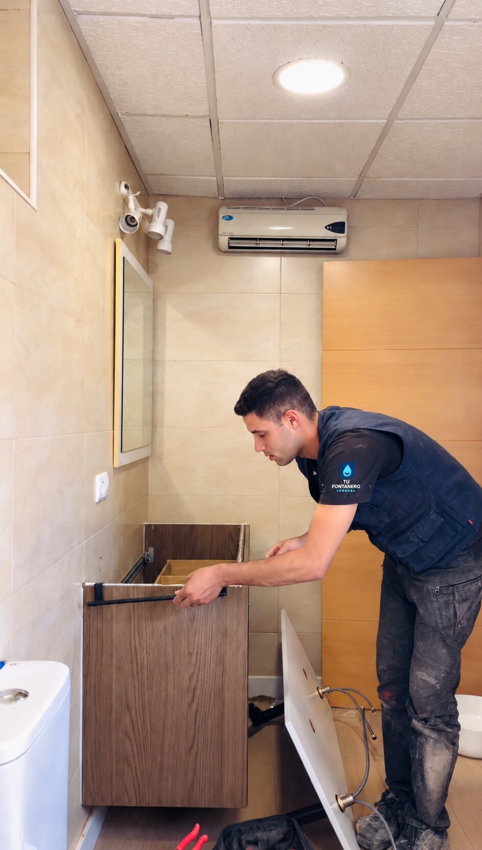 Fontanero realizando un trabajo de fontanería en un baño de Córdoba